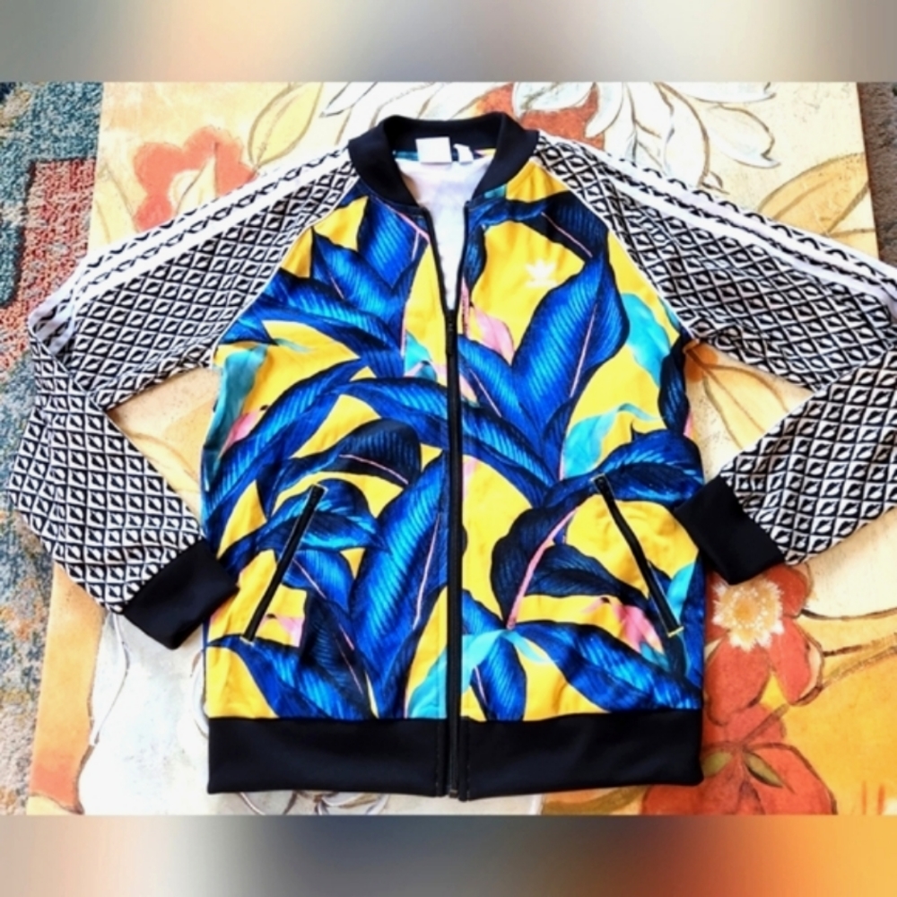 ADIDAS× Farm RIO Banana Leaf Yellow Royal Blue Zips Sporty Baseball Track Jacket